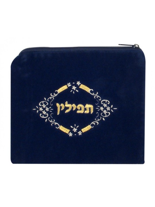 כחול כהה קטיפה טלית תיקי תפילין לבן... | תיקי טלית ותפילין